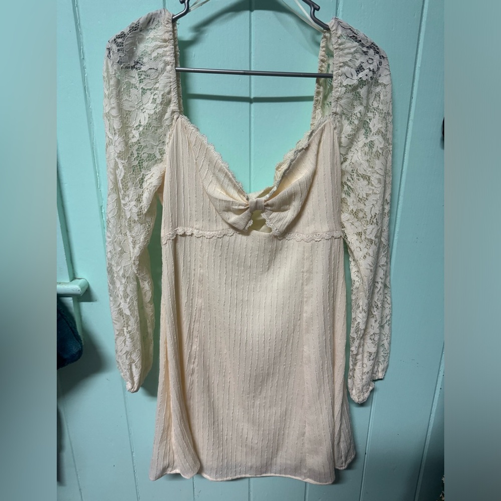 Lush Cream Ribbed Lace Blouse Dress